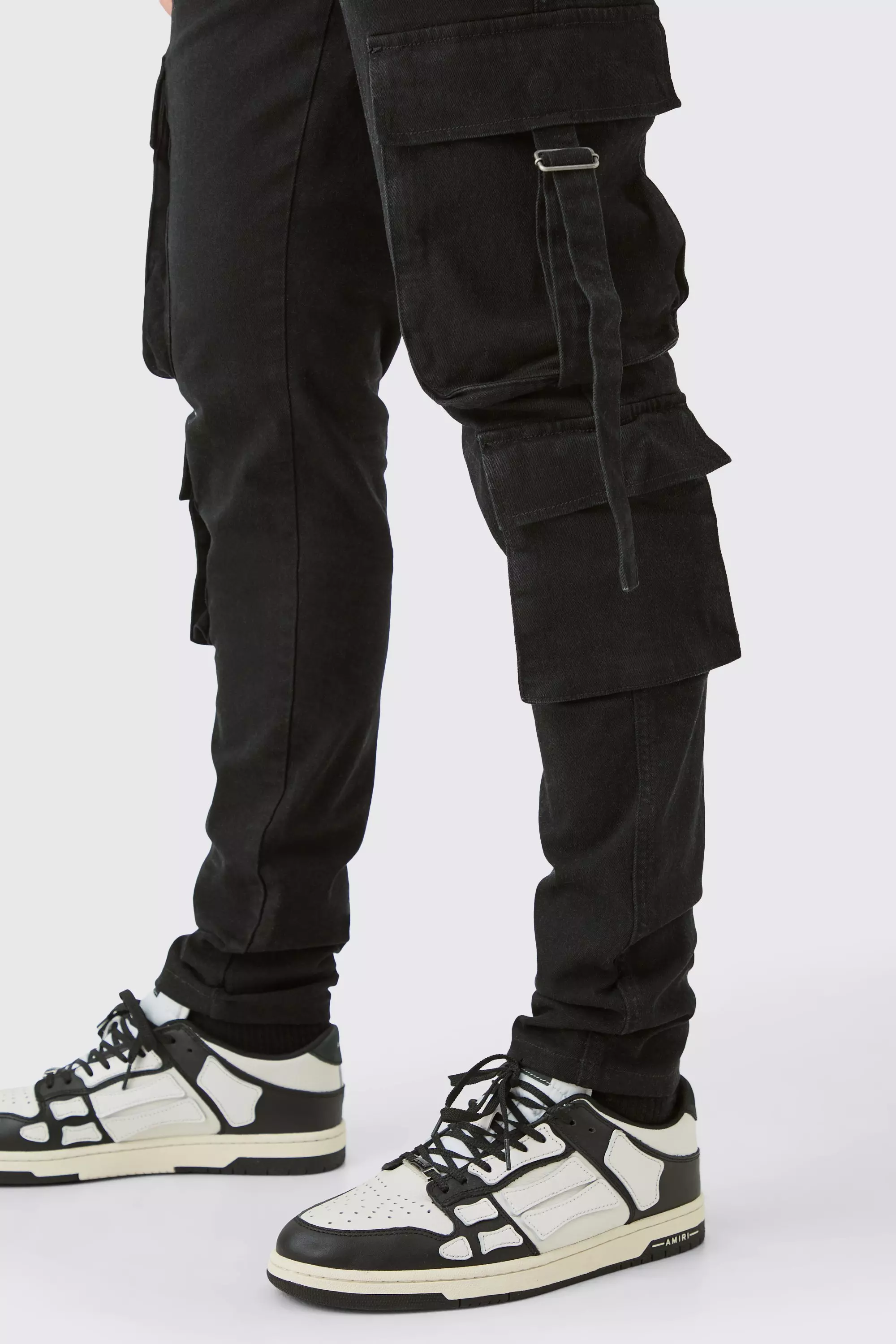 Tall Stretch Skinny Cargo Pocket Detail Jeans In True Black